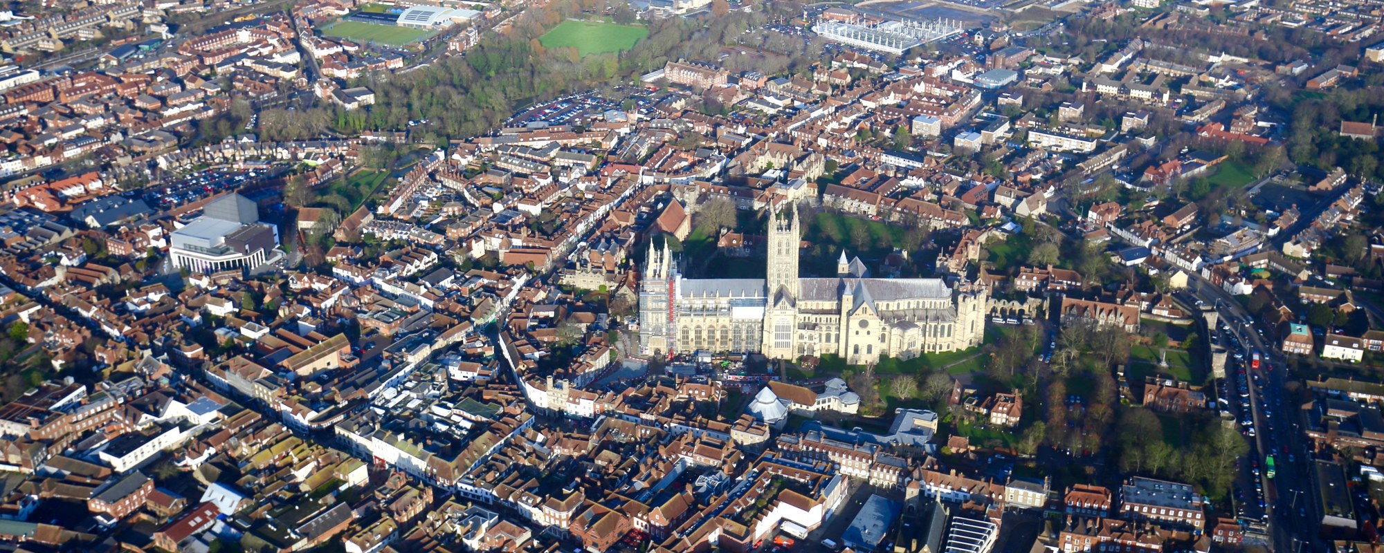 Arial picture of Canterbury, featuring the Cathedral